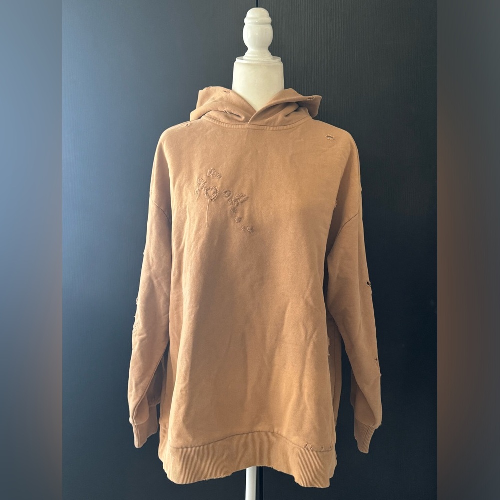 ACNE STUDIOS Fikka Tan Brown Distressed Cotton Oversized Hoodie Sweatshirt Top S